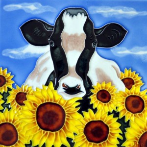 Continental Art Center Cow with Sunflowers Tile Wall Decor CNTI1383